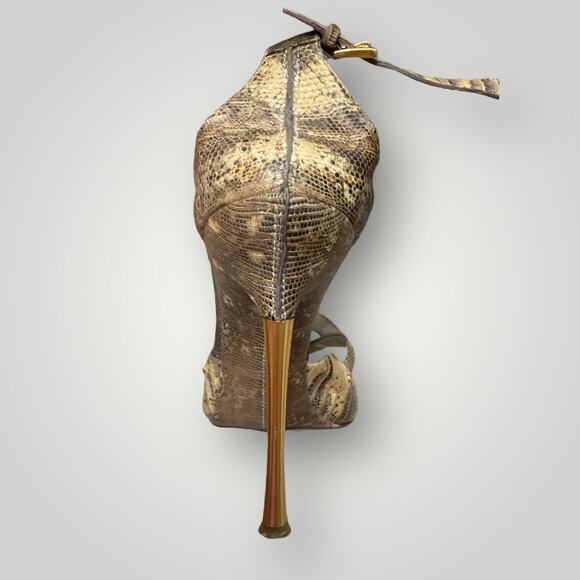 Tom Ford Genuine Exotic Leather Gold Stiletto Heels PythonPatternStrappy Sandals - Picture 3 of 12